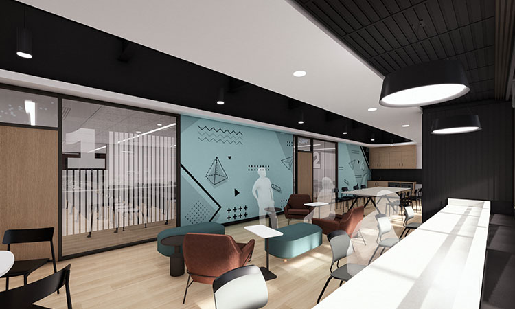 rendering of a student space at the new Stratford campus